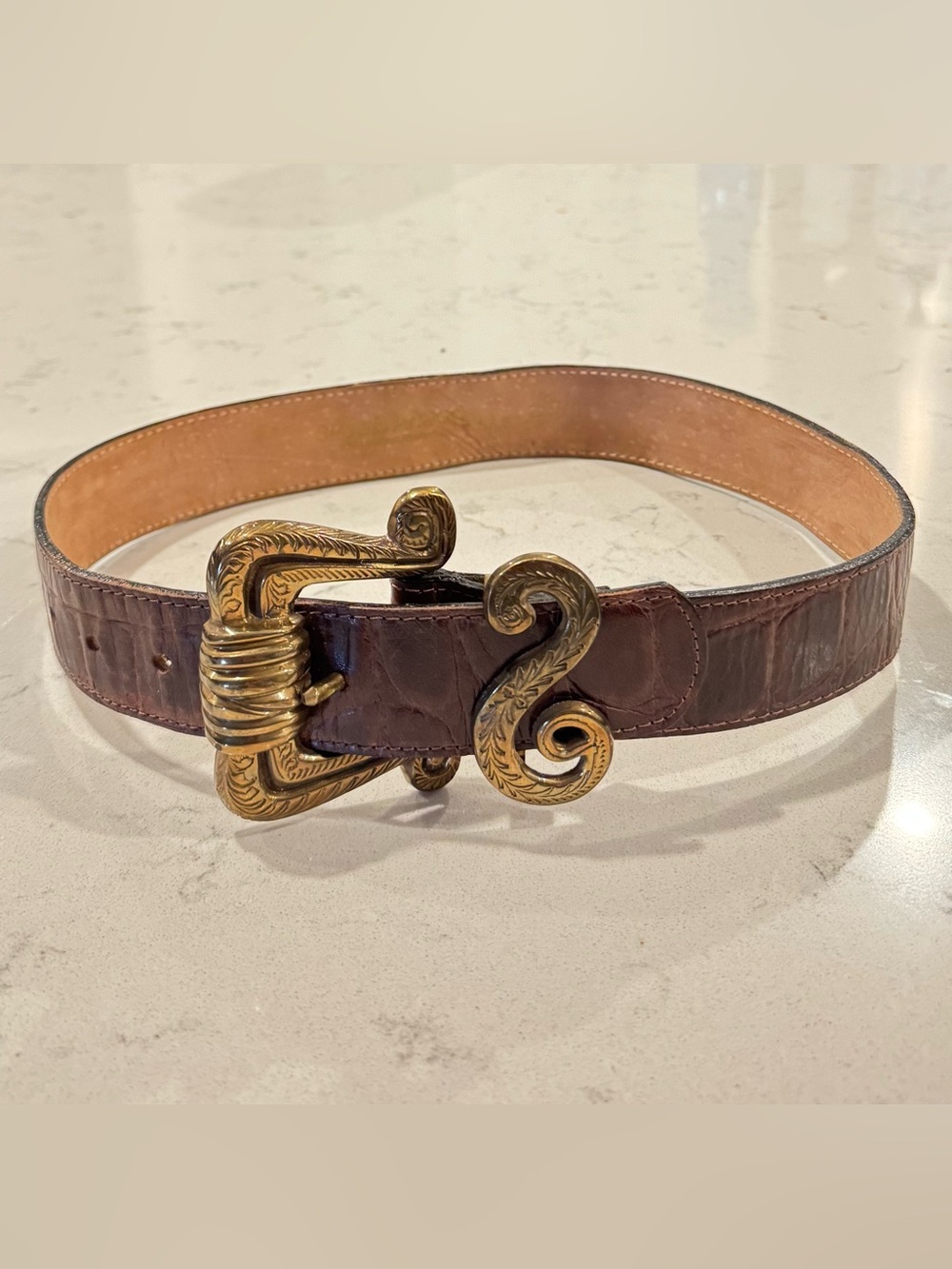 Vintage Streets Ahead Brown Croc Embossed Leather Belt with Ornate Gold Buckle